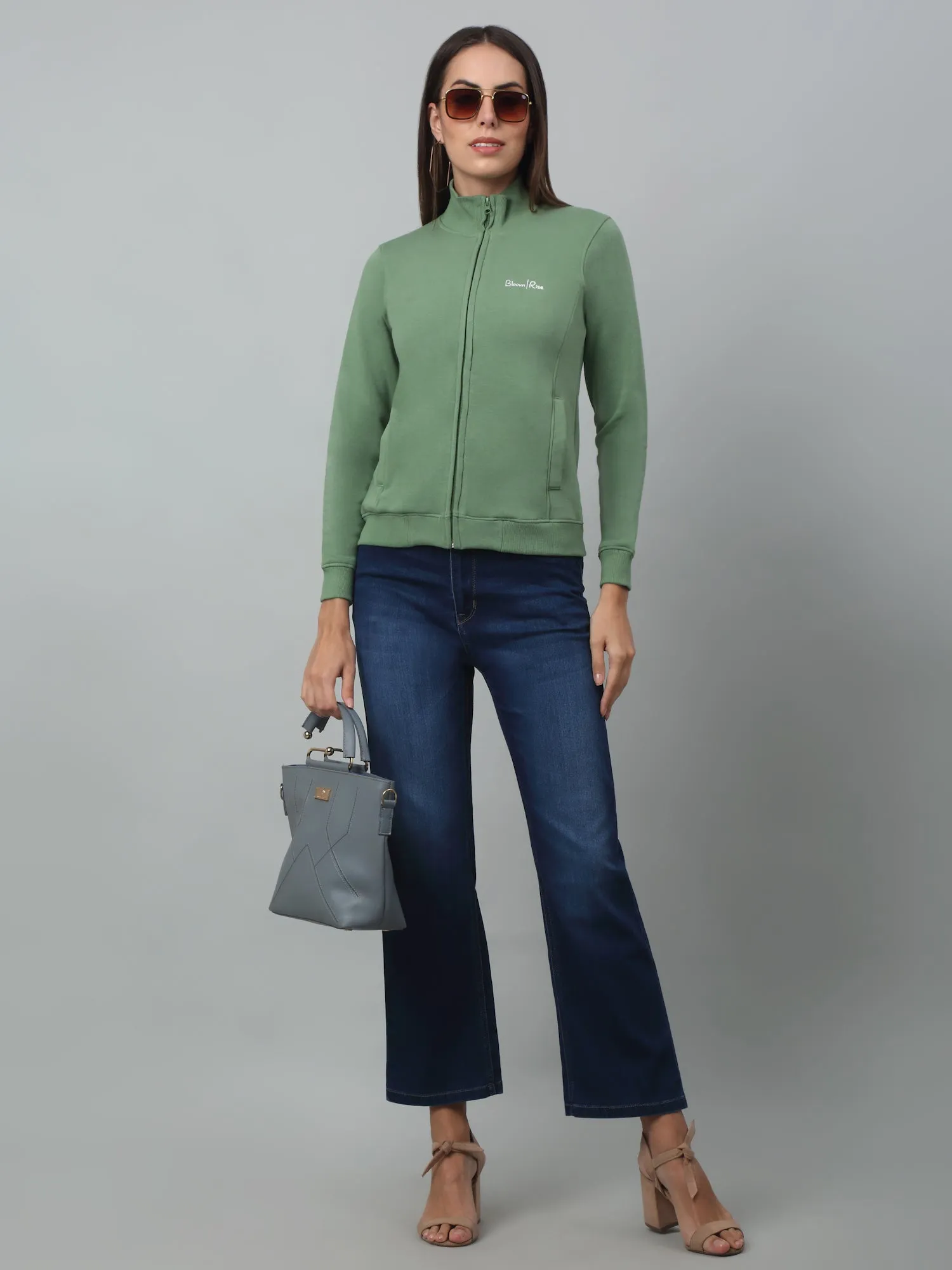 Women's Casual  Green Regular Full Sleeve Zipthru  Sweatshirt