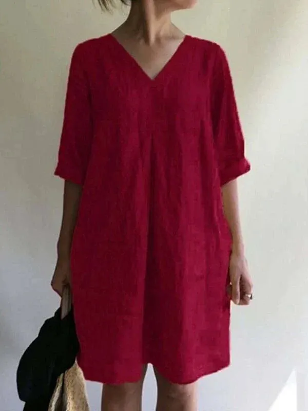 Women's V-neck Solid Color Cotton And Linen Loose Dress