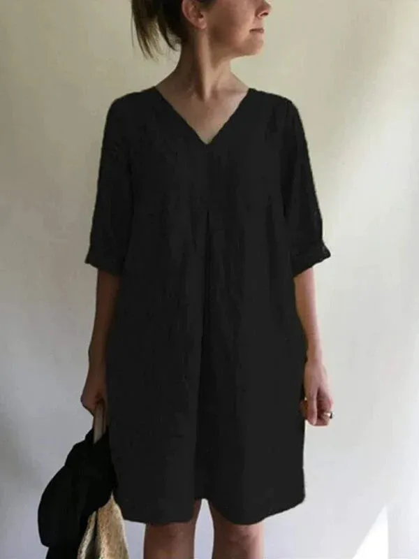 Women's V-neck Solid Color Cotton And Linen Loose Dress