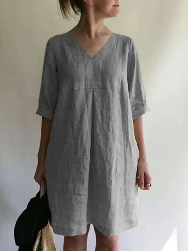 Women's V-neck Solid Color Cotton And Linen Loose Dress